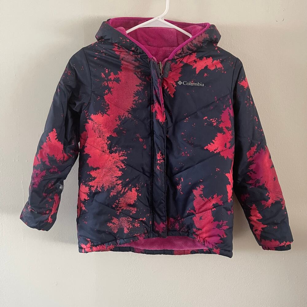 Columbia Youth Big Fir Reversible Puffer Fleece Jacket Girls M Navy Pink Flaw